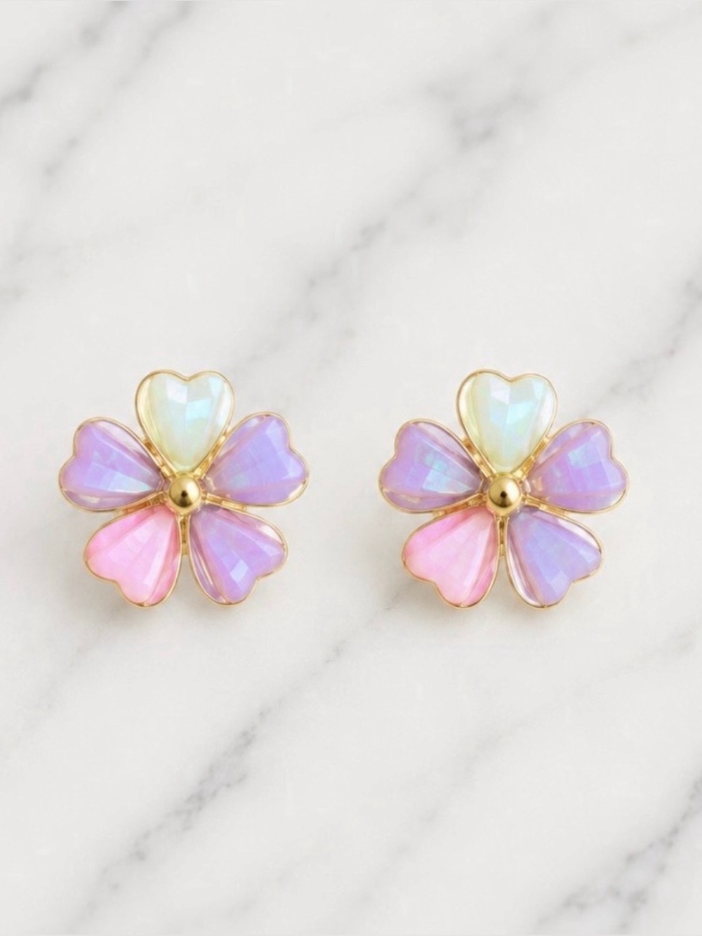 Pastel Colored Heart Flower Stud Earrings -Gold Hardware